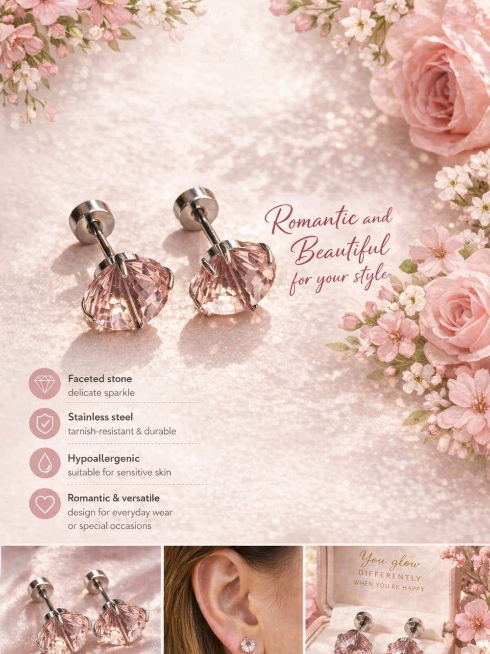 Pink Faceted Crystal Stud Earrings - Stainless Steel